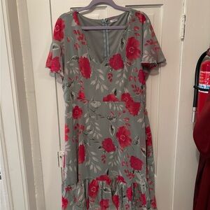 Studio Gray and Red Floral Midi Dress Lined
